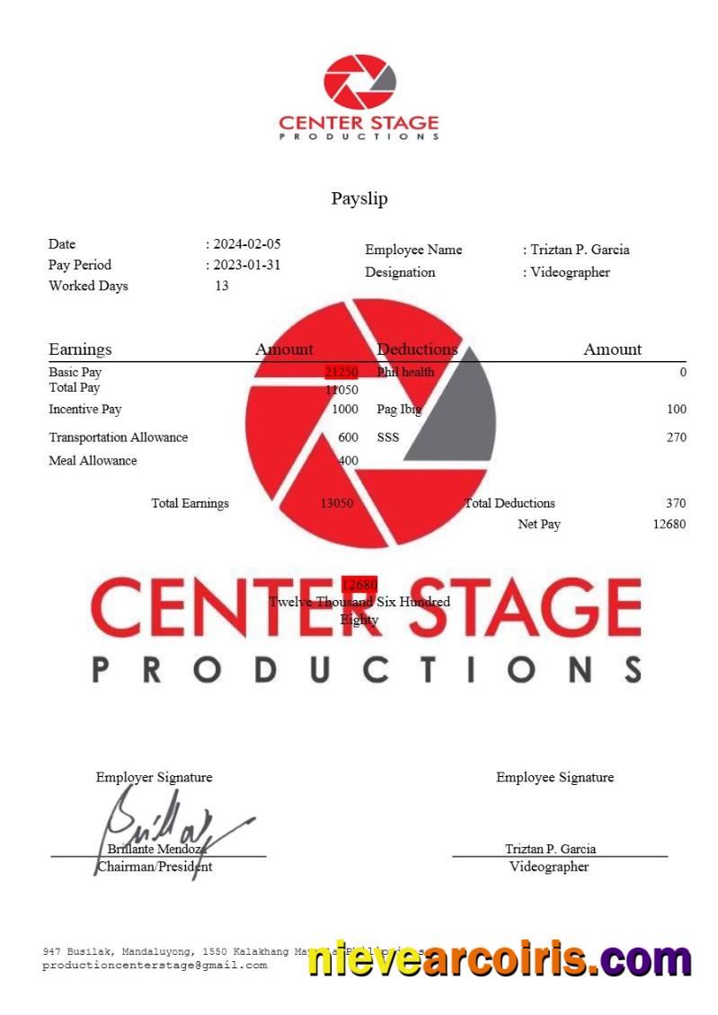 Center Stage Productions payslip 2
